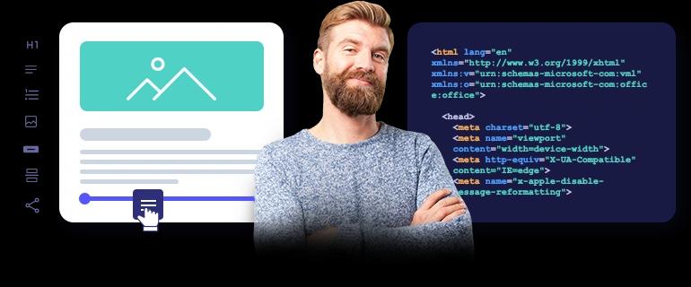 A man smiling with approval. Drag-and-drop and HTML template editors visible behind him.