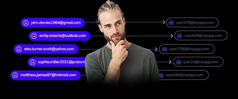 A thoughtful, smiling man. Email's getting anonymized in the background.