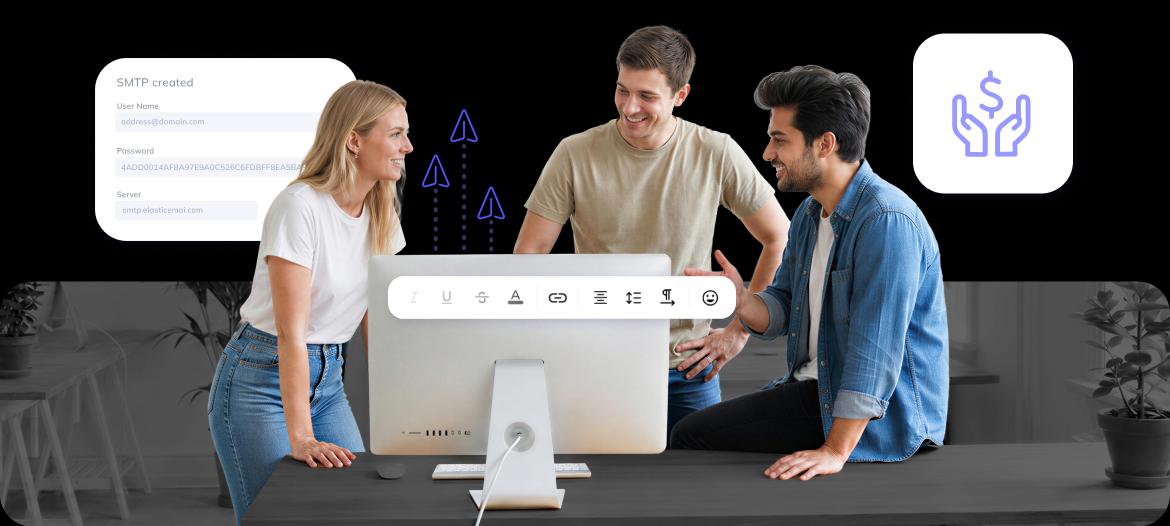 image - three people working with the Elastic Email API on a desktop computer