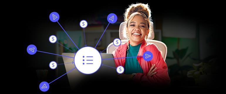 A smiling woman sending emails and getting paid via Elastic Email's Paid Newsletters feature