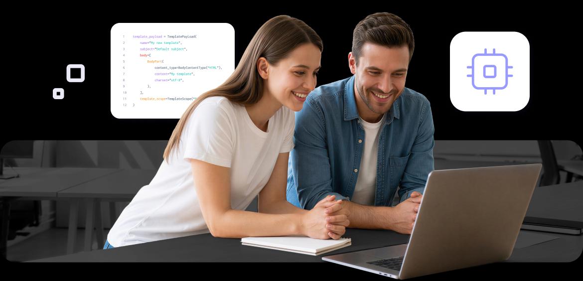 image - two people working with the Elastic Email API on a laptop