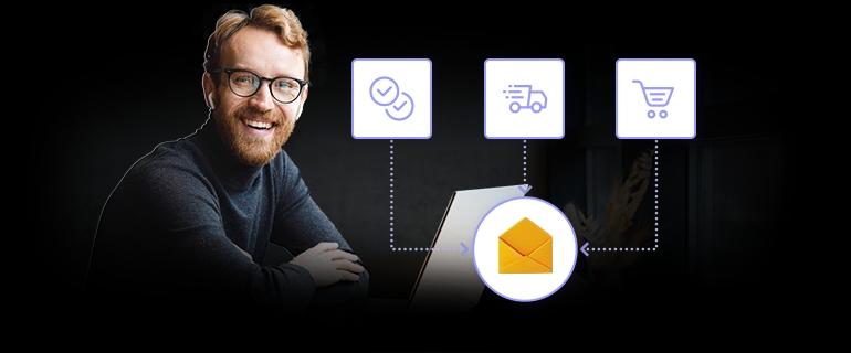 A smiling man working on a laptop. Three types of transactional email visible next to him